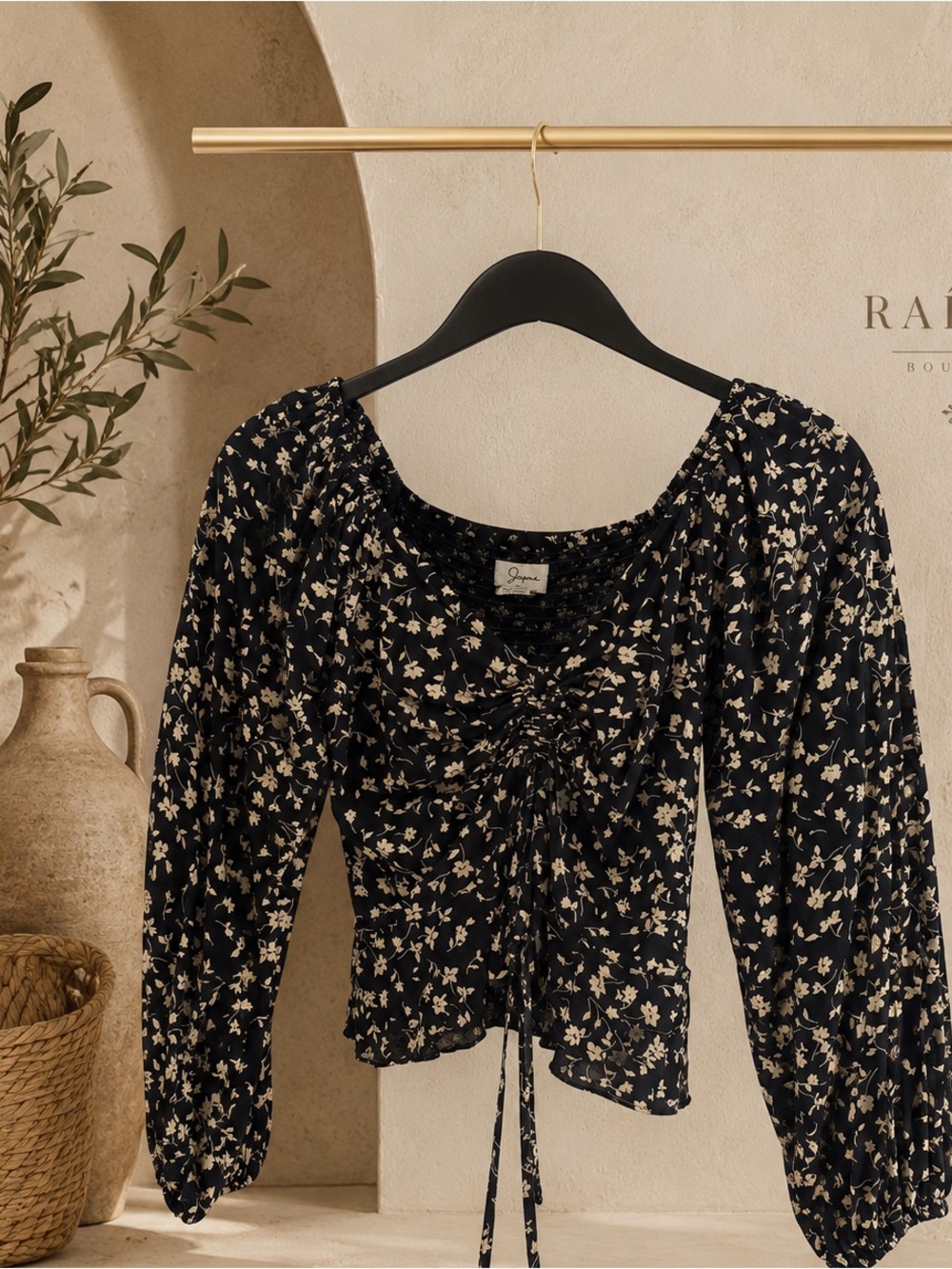 Japna Black Floral Ruched Long Sleeve Peasant Blouse Size M